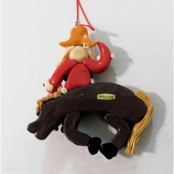 Cowboy Santa Ornament Bucking Bronco Horse Glazed Dough Clay 5"x4" - Picture 7 of 8